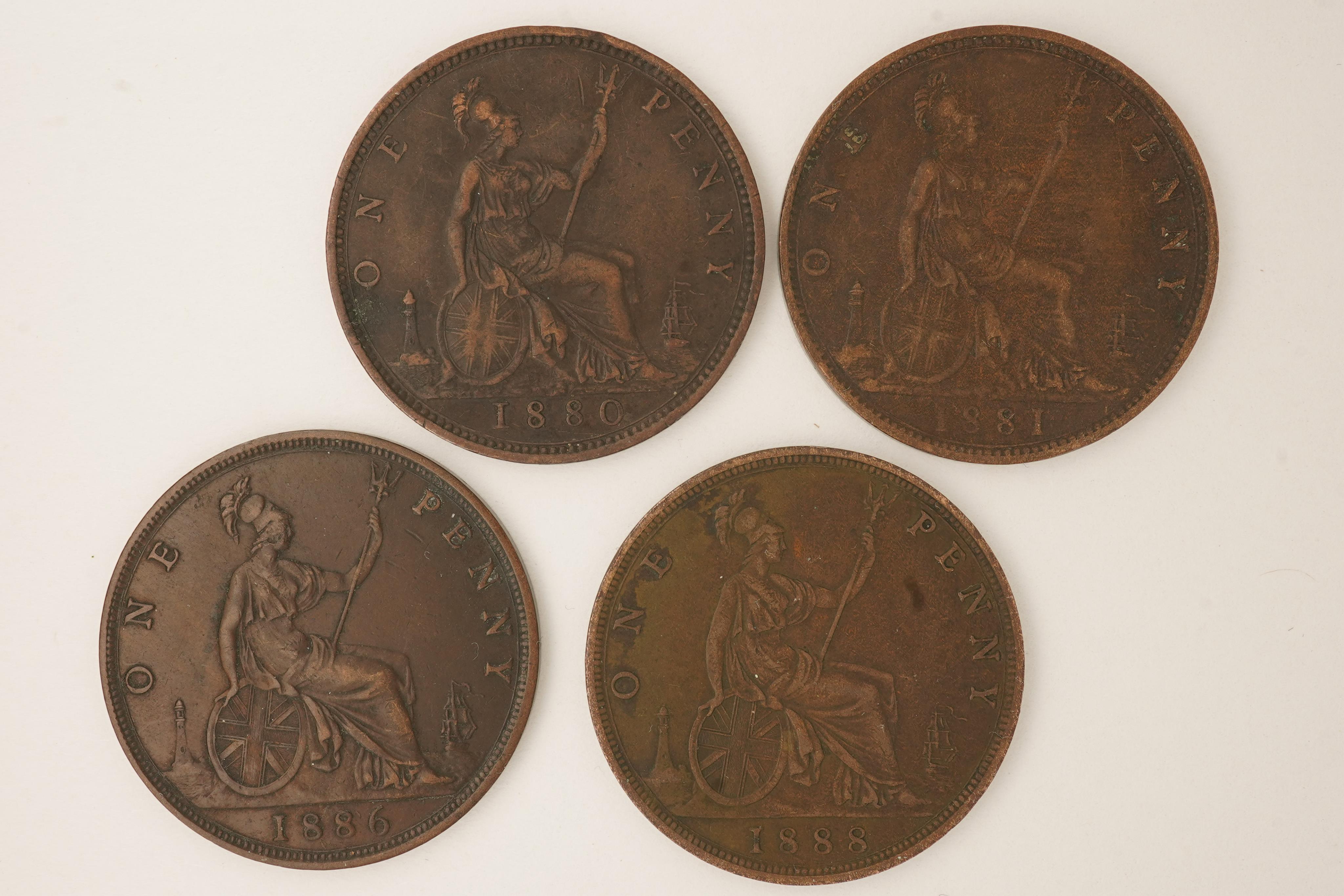 British coins, Victoria, four bronze pennies;, 1880, Fr. 99, Gouby dies M/k, good fine, 1881, Fr. 102, Gouby dies M/k, good fine, dark toned, 1886, Fr. 123, Gouby dies R/r, VF, dark toned, 1888, Fr. 126, Gouby dies R/r,